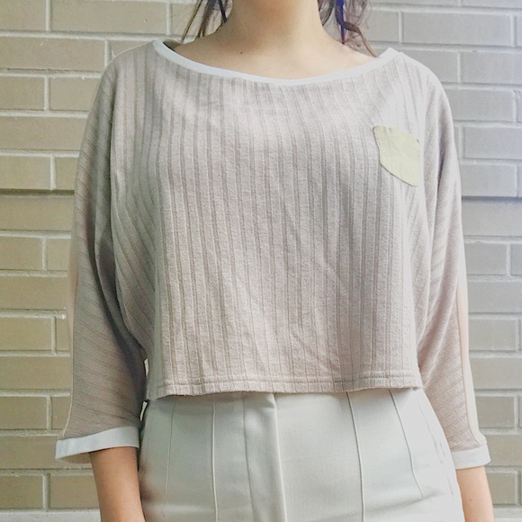 Unique Tan Knit and Chiffon Bat-wing Crop Blouse - Picture 8 of 10